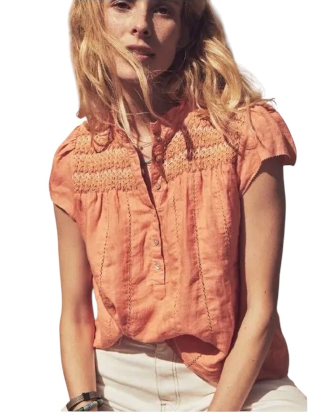 FAHERTY Kaia Embroidered Linen Top in Rhythm Orange (S)